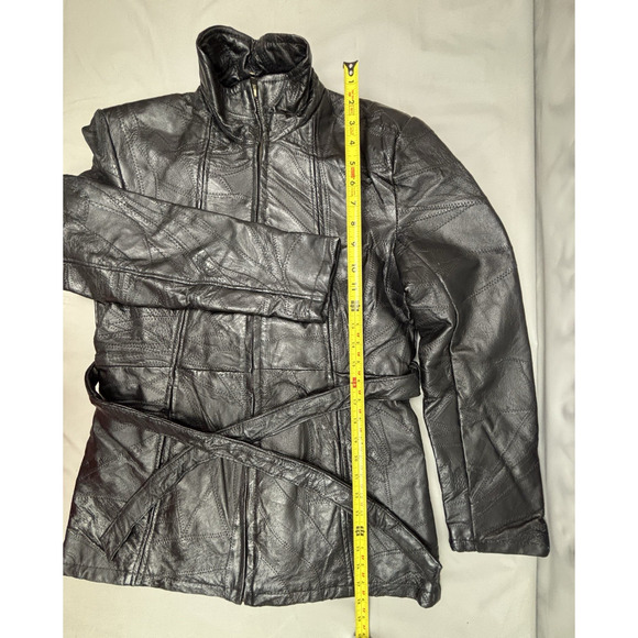 Navarre Leather Company Patchwork Piecework Coat Jacket Womens L Black Belted - Picture 13 of 16